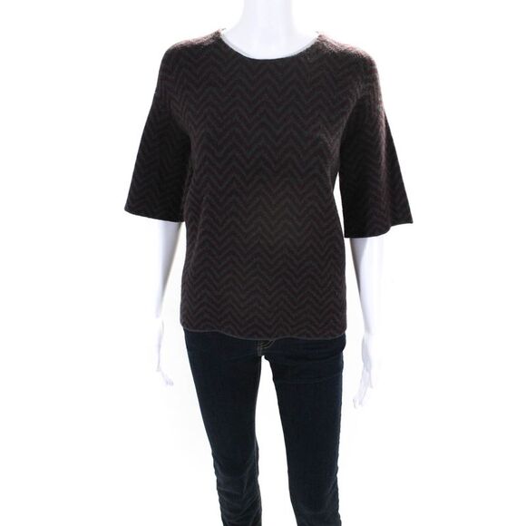 Rene Lezard Womens Crew Neck Chevron Short Sleeve Sweater Gray Burgundy FR 36 - Picture 1 of 6